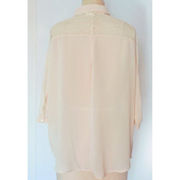 FOREVER 21 NUDE BLUSH SHEER LACE BUTTON DOWN BLOUSE L NWT - Picture 3 of 9